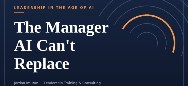 Editorial title card reading "The Manager AI Can't Replace" — leadership in the age of AI